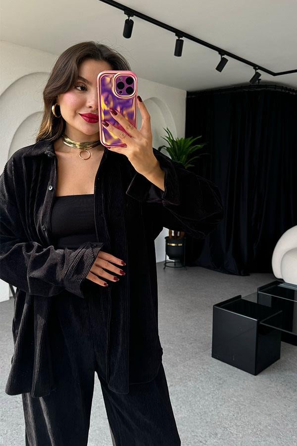 Coraline Siyah Kadife Gömlek Takım