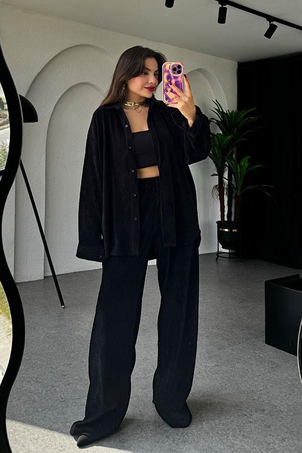 Coraline Siyah Kadife Gömlek Takım