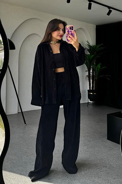Coraline Siyah Kadife Gömlek Takım