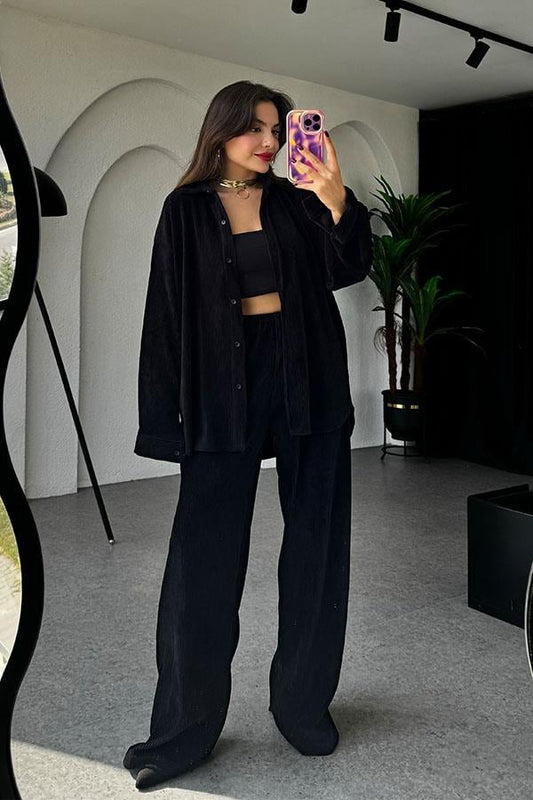 Coraline Siyah Kadife Gömlek Takım
