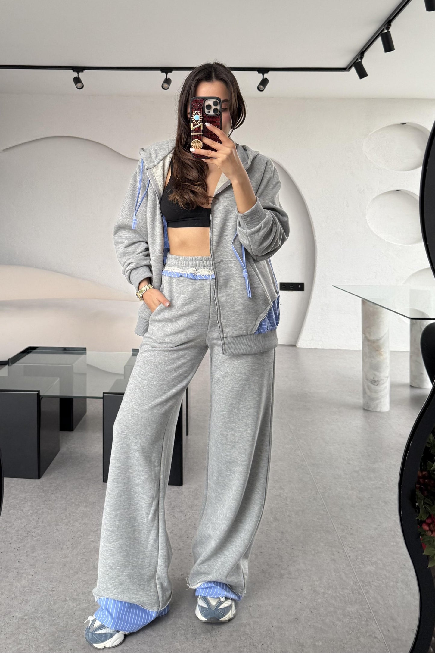 Cordino Poplin Detaylı Gri Eşofman Takımı