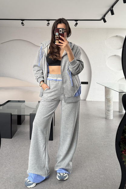 Cordino Poplin Detaylı Gri Eşofman Takımı