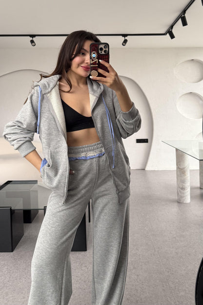 Cordino Poplin Detaylı Gri Eşofman Takımı