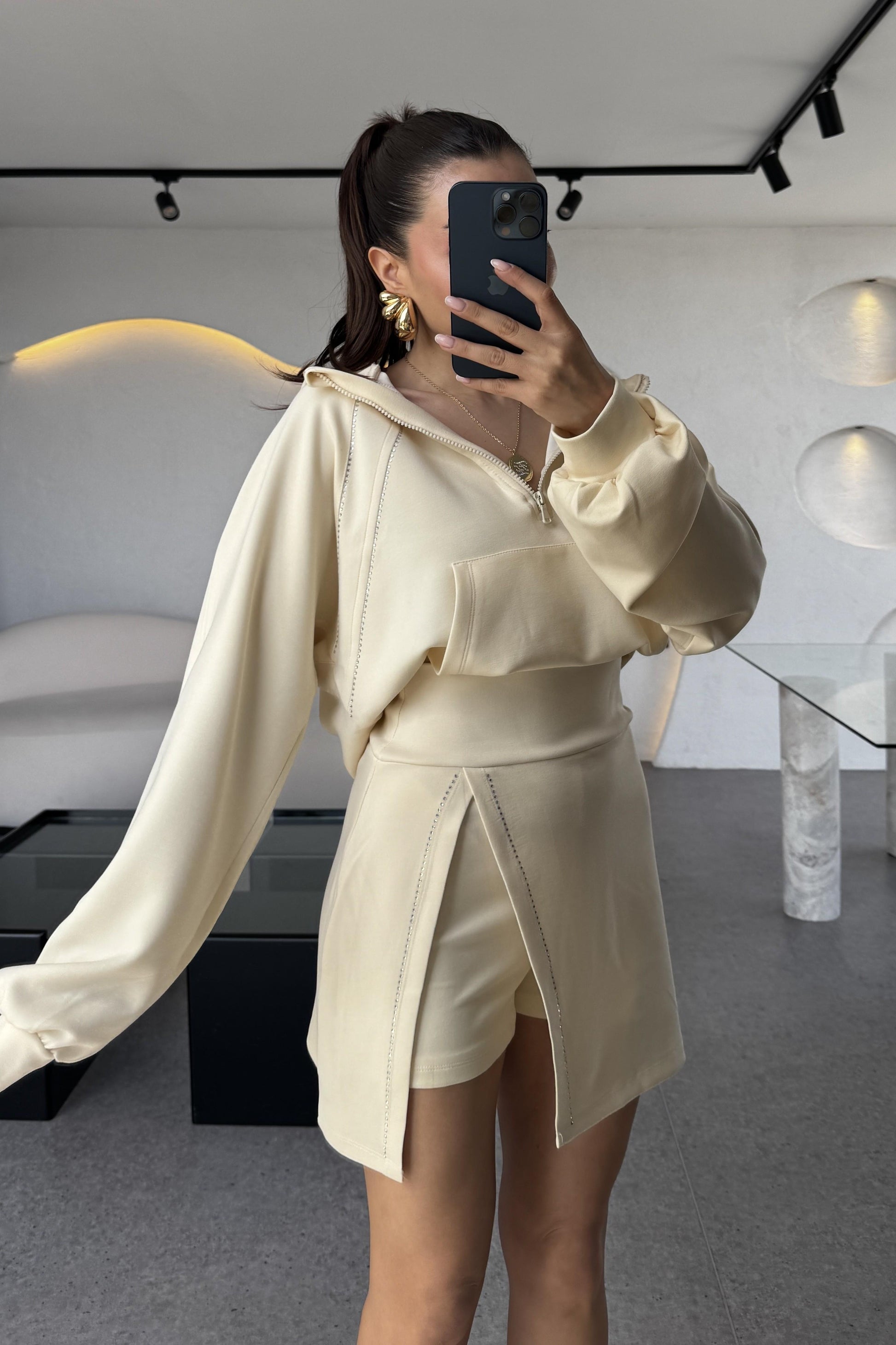 Cruz Krem Taşlı Şortlu İkili Takım