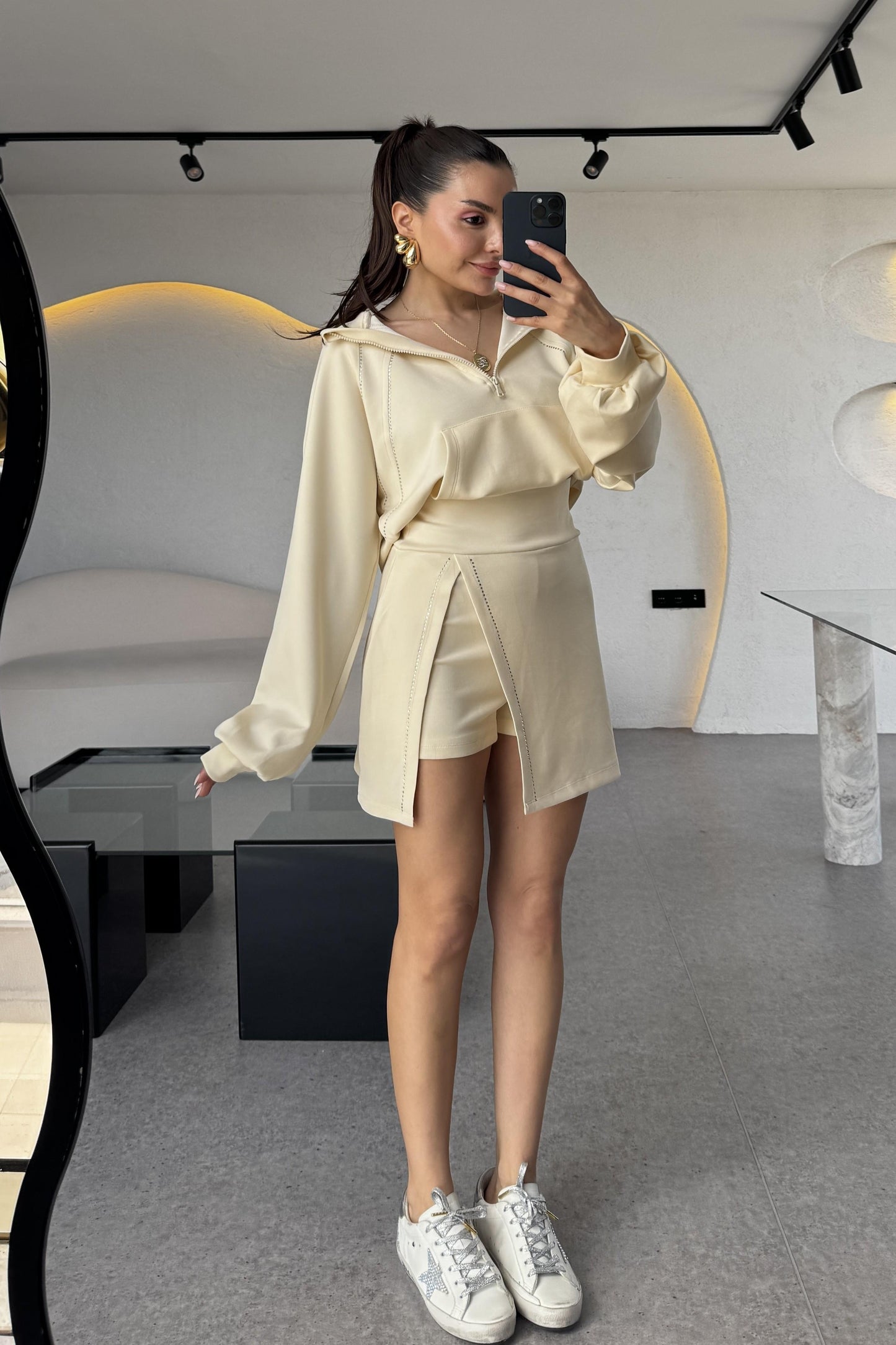 Cruz Krem Taşlı Şortlu İkili Takım