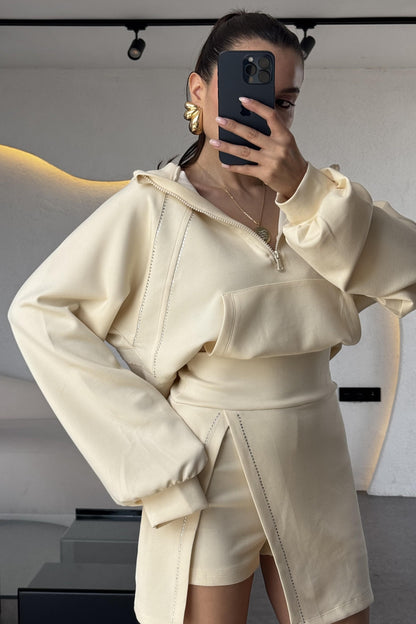 Cruz Krem Taşlı Şortlu İkili Takım