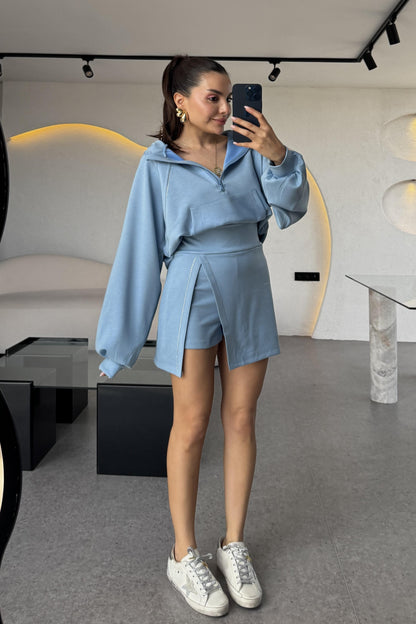 Cruz Mavi Taşlı Şortlu İkili Takım