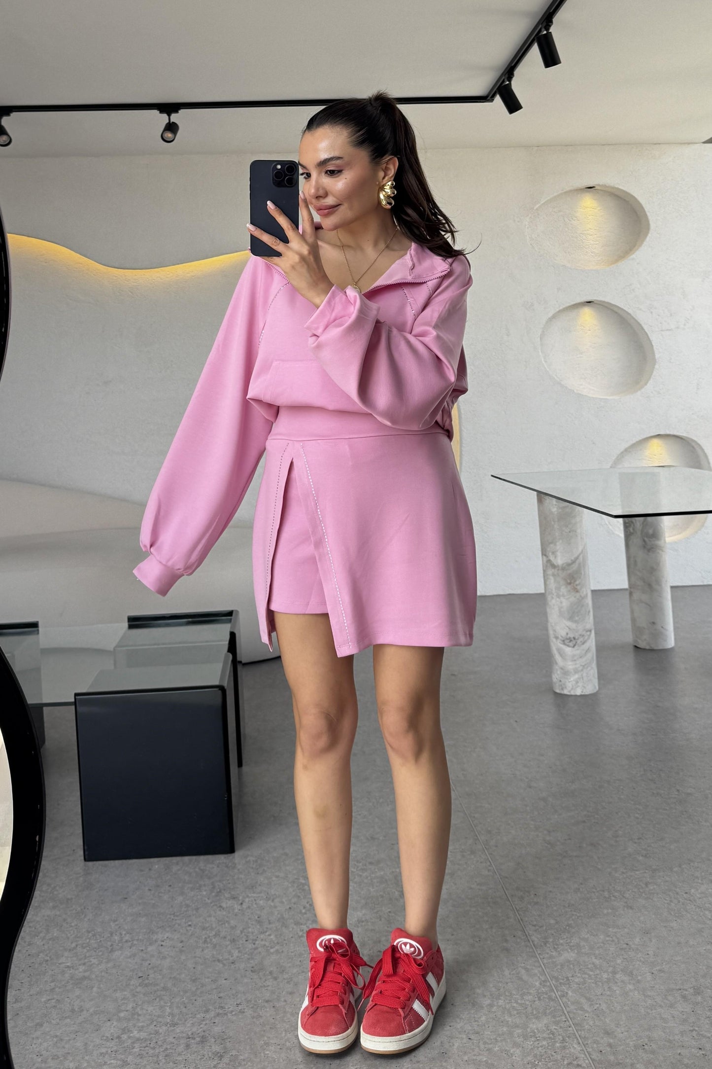 Cruz Pembe Taşlı Şortlu İkili Takım