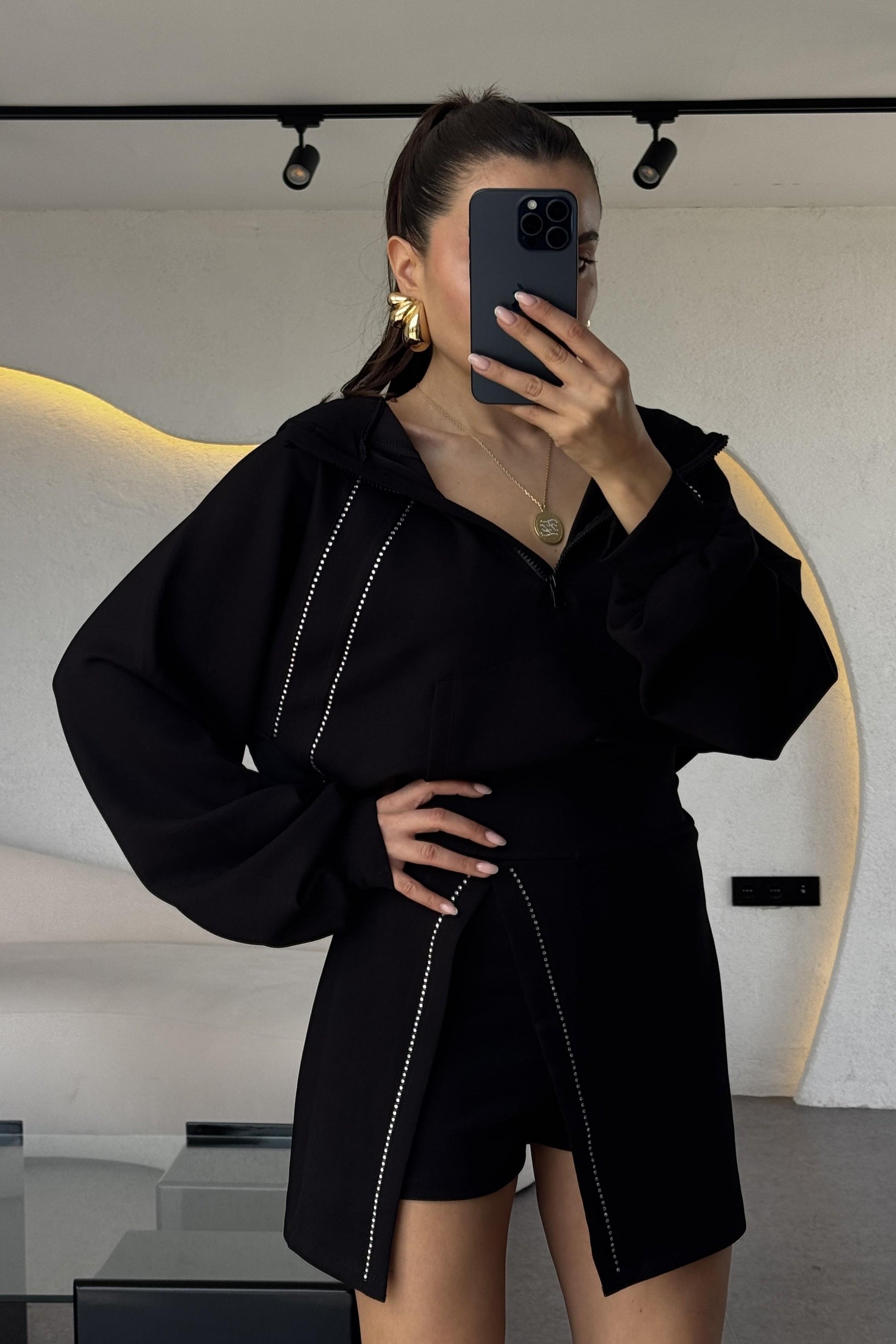 Cruz Siyah Taşlı Şortlu İkili Takım