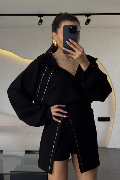 Cruz Siyah Taşlı Şortlu İkili Takım