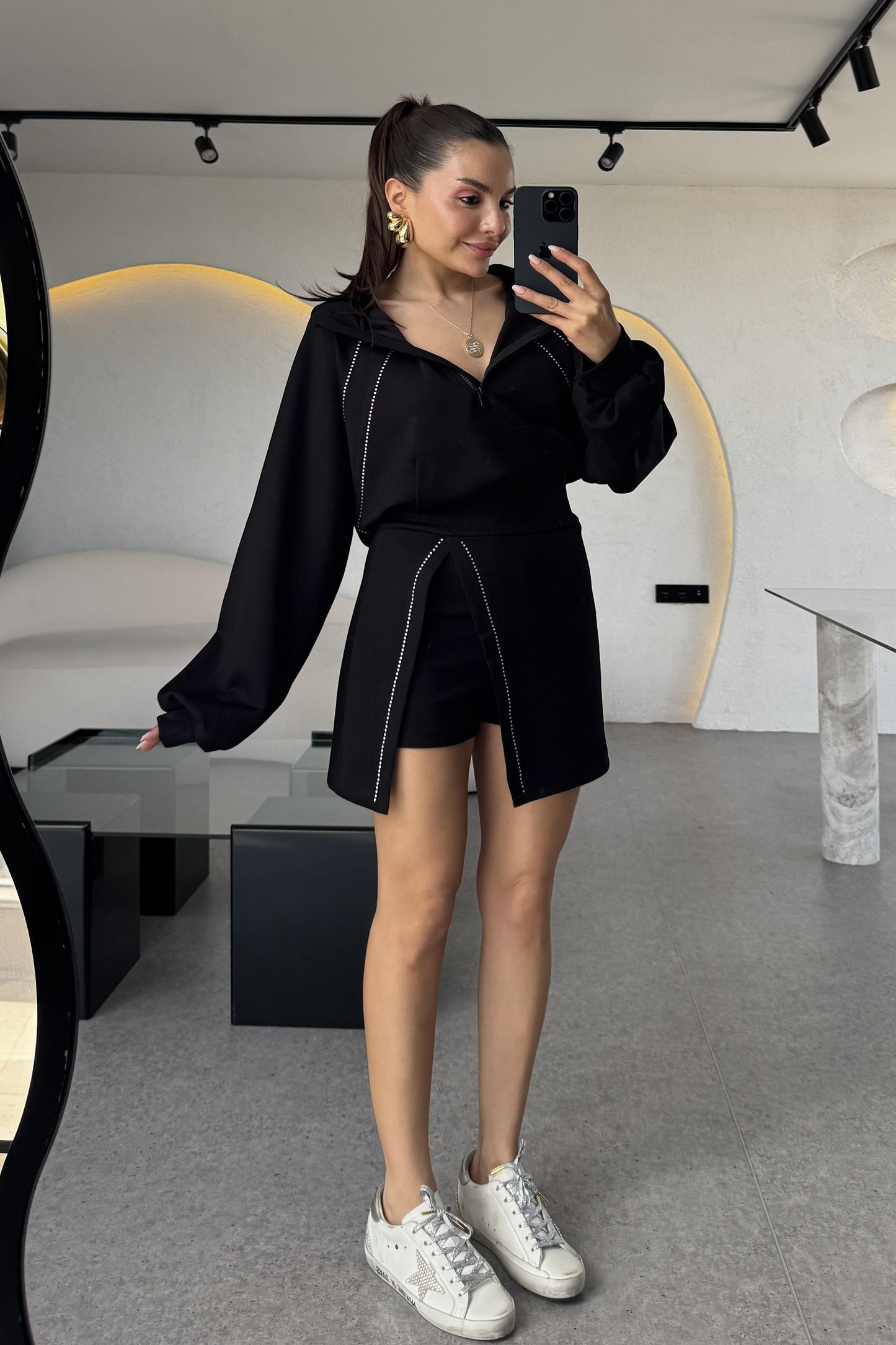 Cruz Siyah Taşlı Şortlu İkili Takım