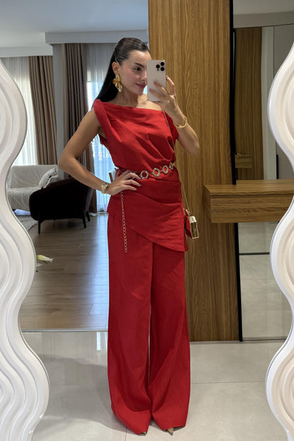 Cyrus Kırmızı Premium Keten Takım