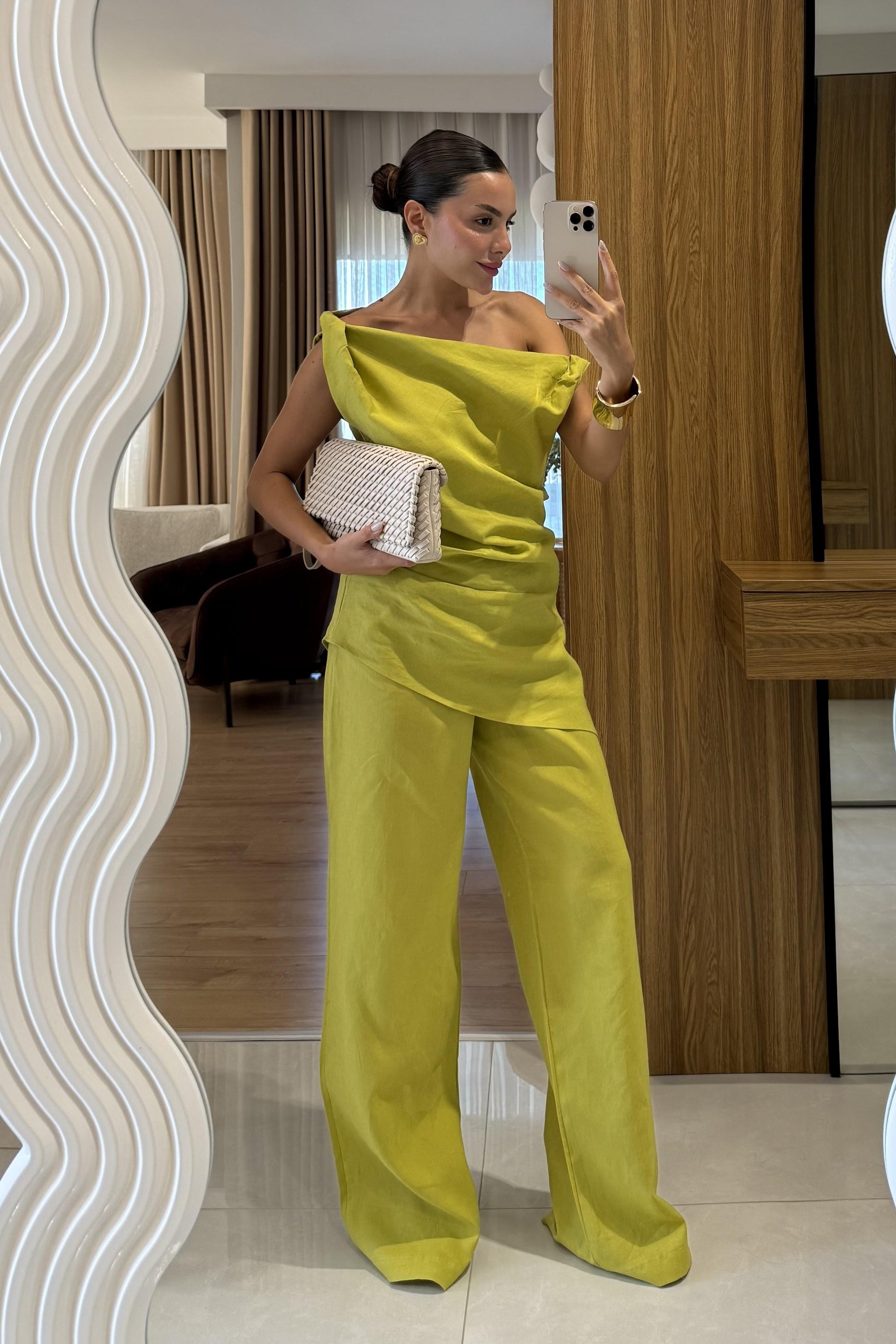 Cyrus Yağ Yeşil Premium Keten Takım