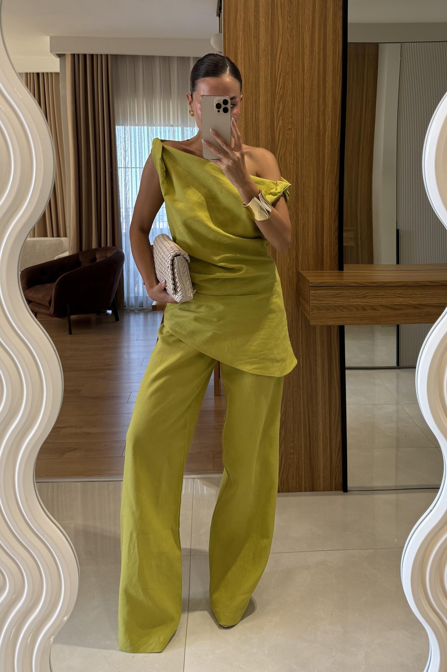 Cyrus Yağ Yeşil Premium Keten Takım