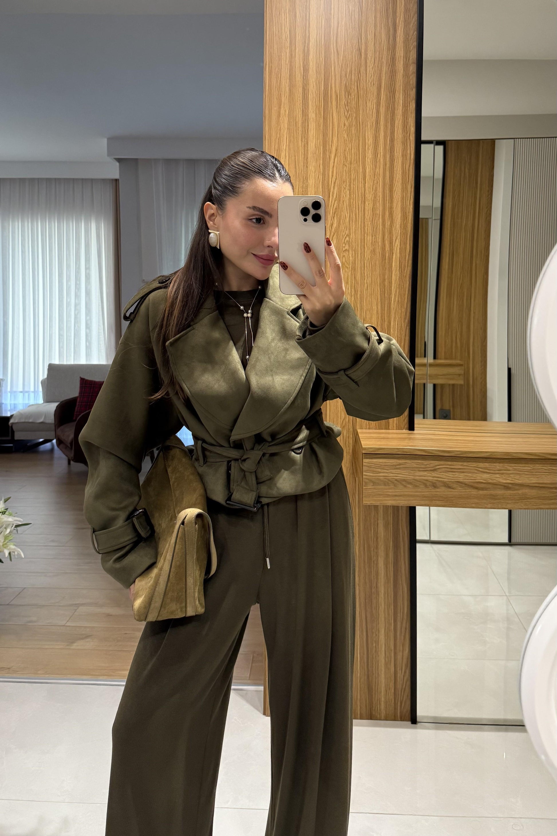 Daffy Haki Süet Kuşaklı Ceket