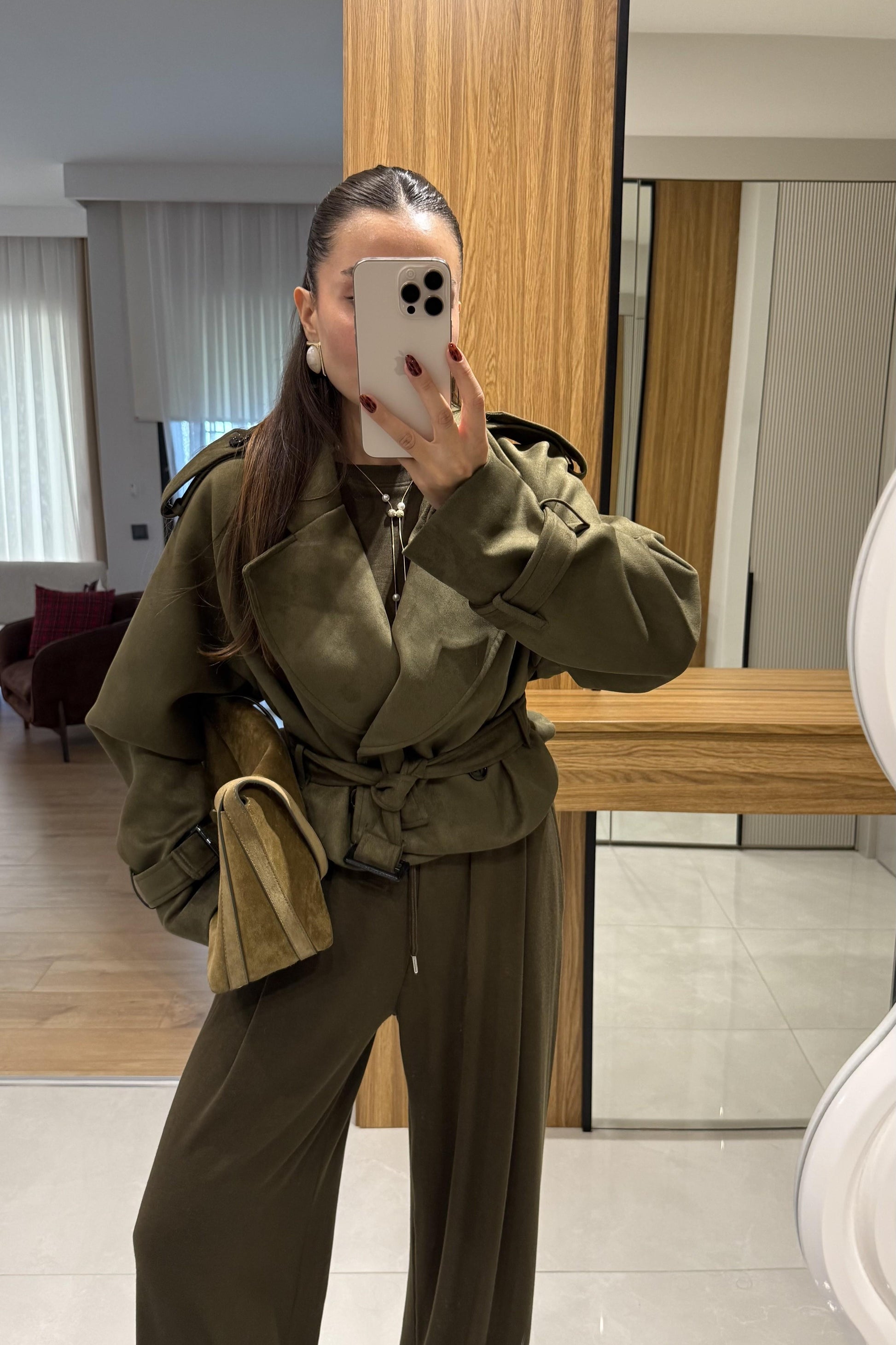 Daffy Haki Süet Kuşaklı Ceket