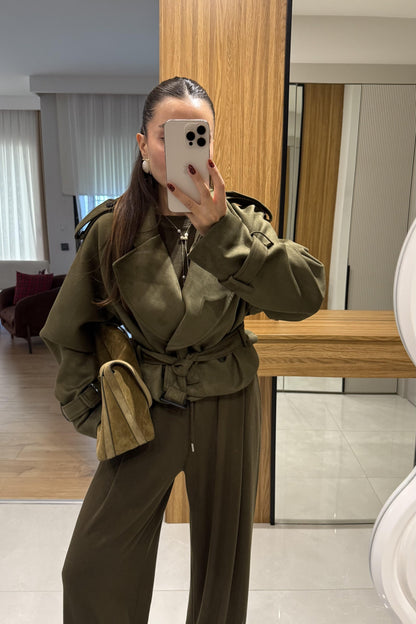 Daffy Haki Süet Kuşaklı Ceket