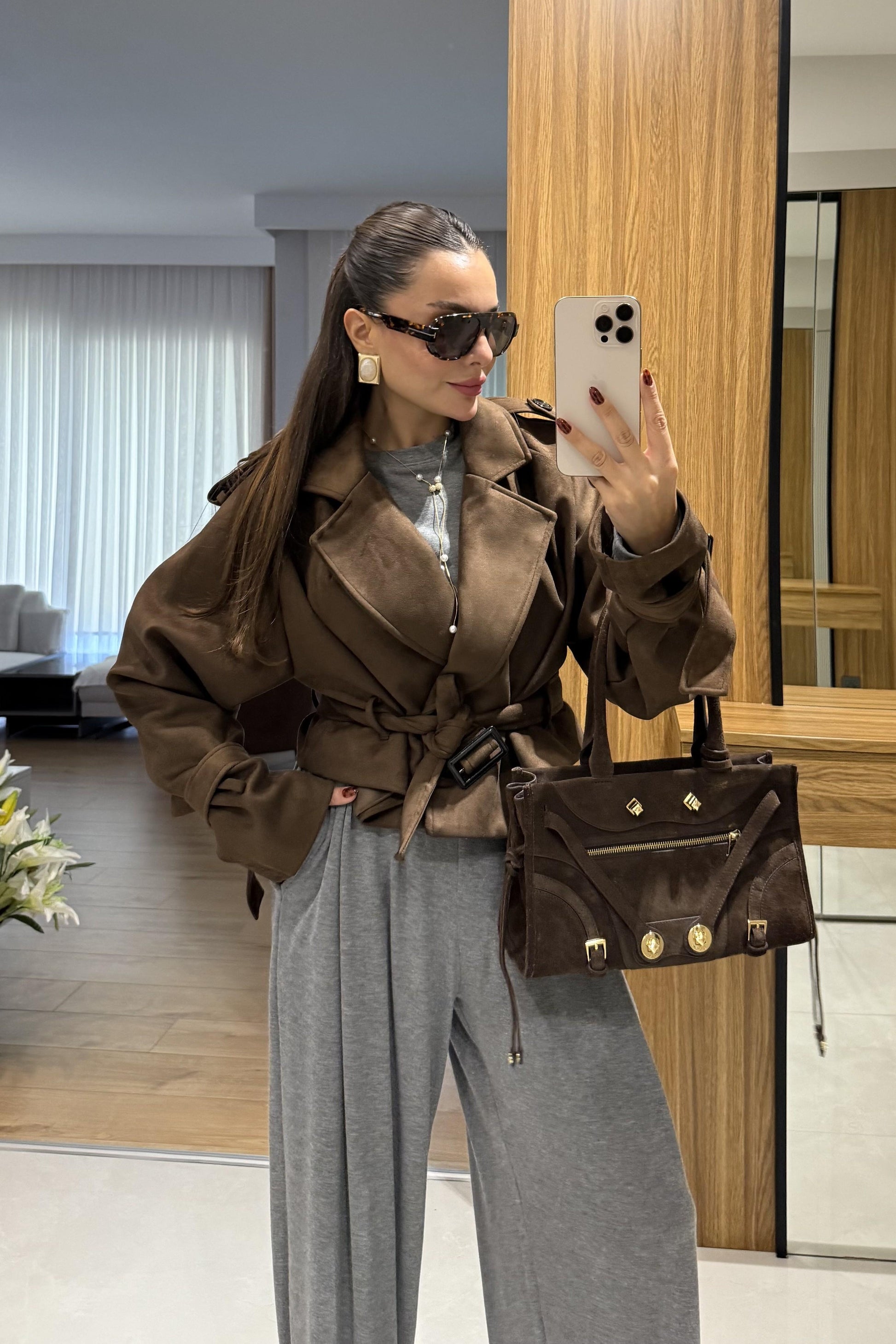 Daffy Acı Kahve Süet Kuşaklı Ceket