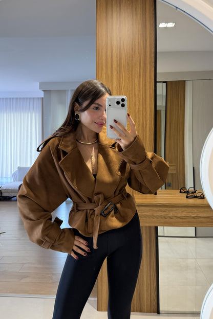 Daffy Taba Süet Kuşaklı Ceket