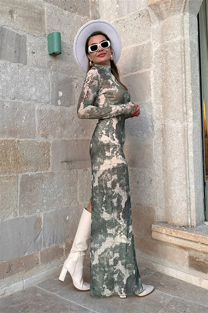 Yeşil Batik Desen Tül Elbise