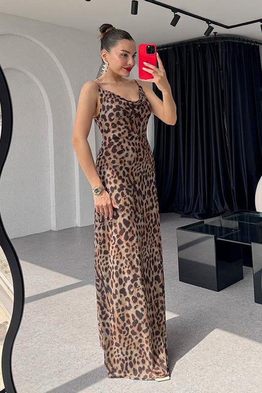 Dalena Leopar Desen Elbise- Kahve