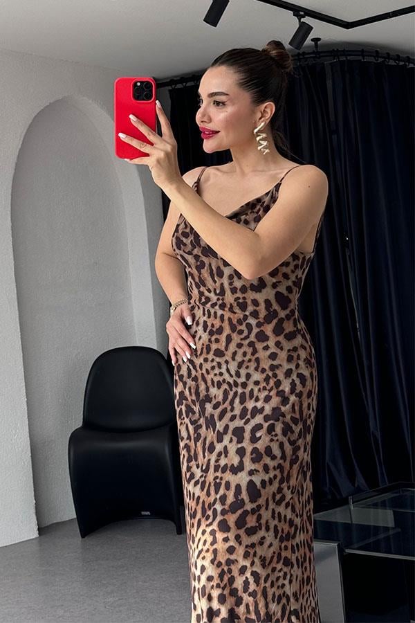 Dalena Leopar Desen Elbise- Kahve