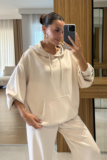 Dania Krem Oversize Kapüşonlu Eşofman Takımı