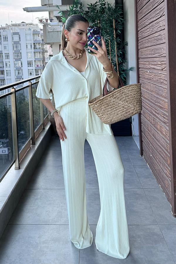 Daren Fitilli Gömlek Pantolon Takım - Ekru