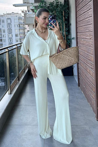 Daren Fitilli Gömlek Pantolon Takım - Ekru