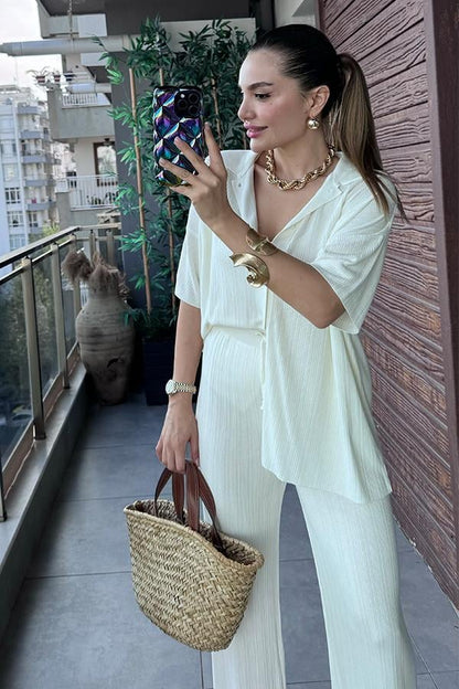 Daren Fitilli Gömlek Pantolon Takım - Ekru