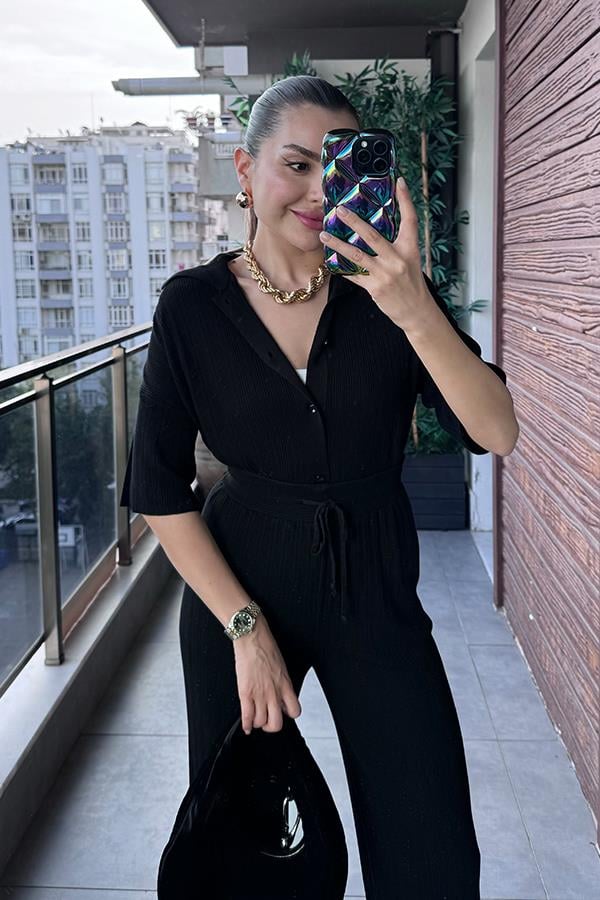 Daren Fitilli Gömlek Pantolon Takım - Siyah