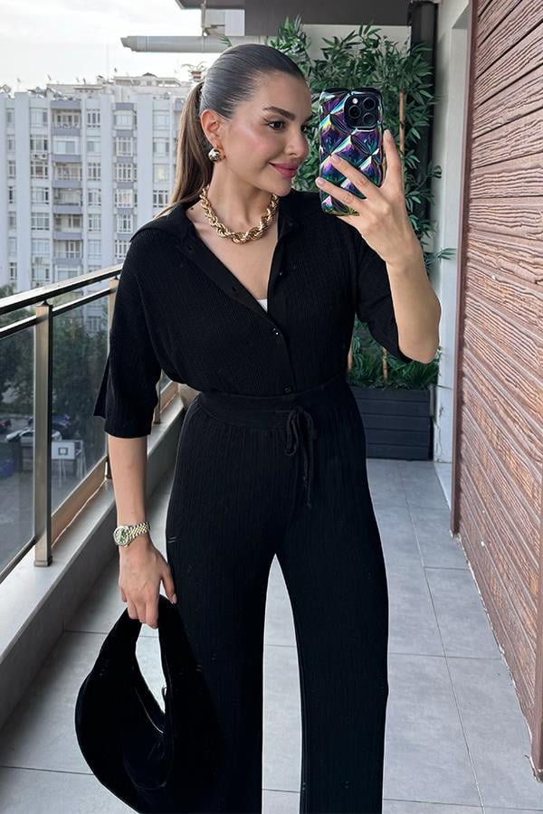 Daren Fitilli Gömlek Pantolon Takım - Siyah