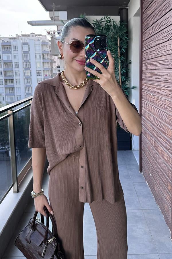 Daren Fitilli Gömlek Pantolon Takım - Sütlü Kahve