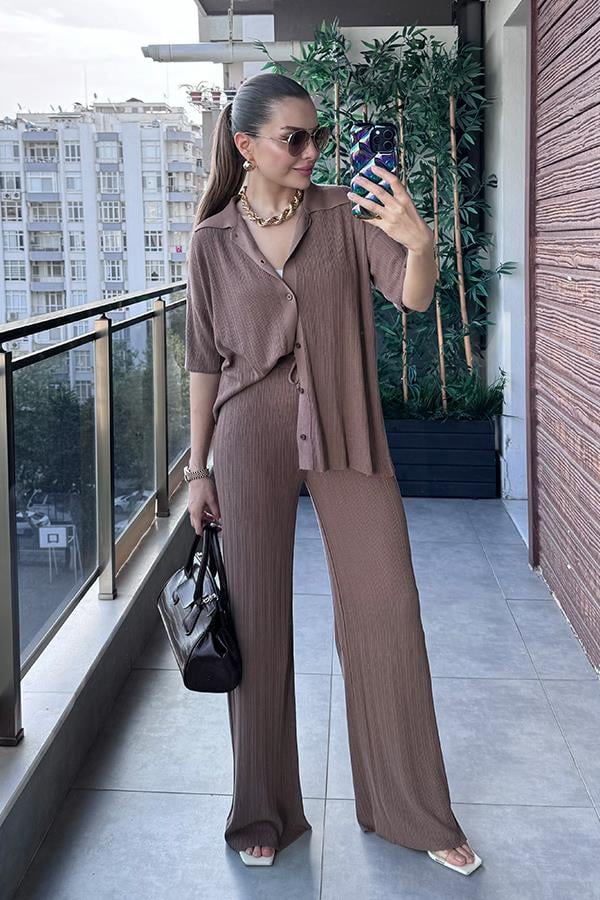 Daren Fitilli Gömlek Pantolon Takım - Sütlü Kahve