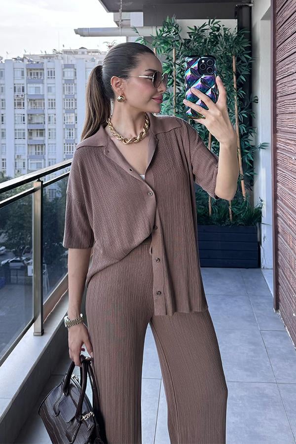 Daren Fitilli Gömlek Pantolon Takım - Sütlü Kahve