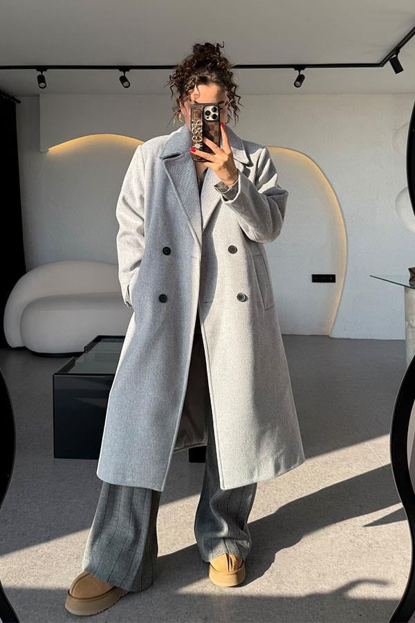 Daria Füme Çizgili Midi Kaşe Kaban