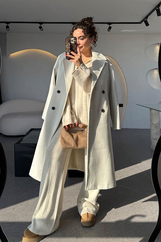 Daria Taş Çizgili Midi Kaşe Kaban