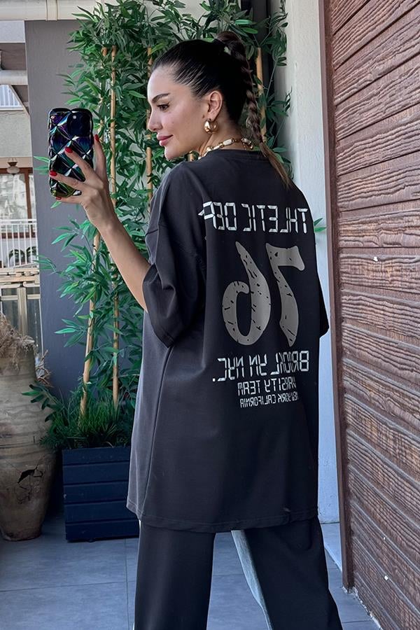 Days Baskılı Kot Karışım Sweat Takım - Füme