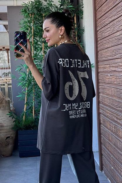 Days Baskılı Kot Karışım Sweat Takım - Füme