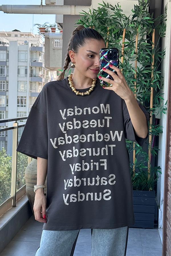 Days Baskılı Kot Karışım Sweat Takım - Füme