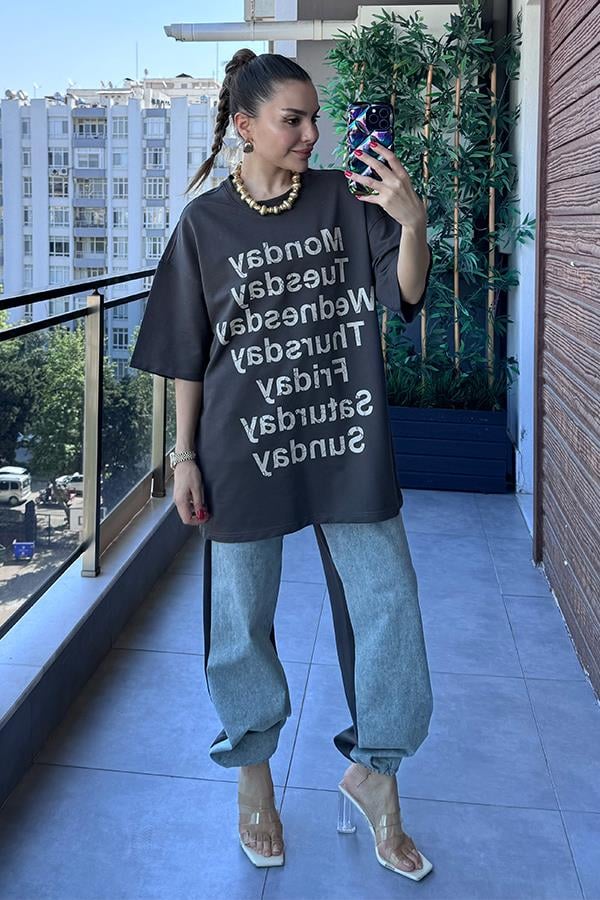 Days Baskılı Kot Karışım Sweat Takım - Füme