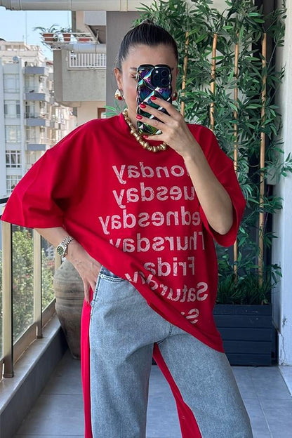 Days Baskılı Kot Karışım Sweat Takım - Kırmızı