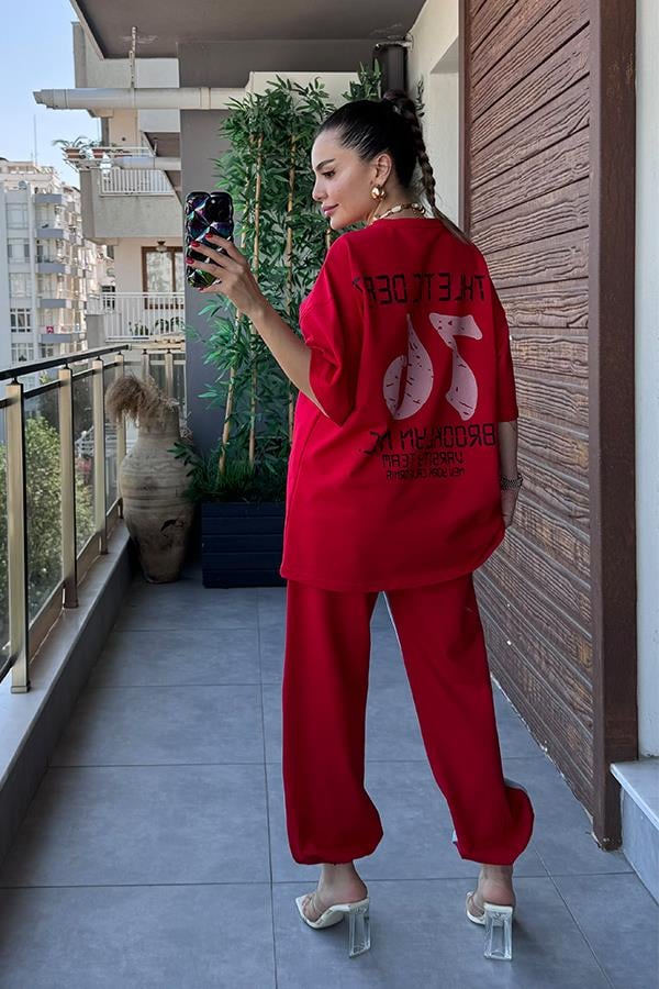 Days Baskılı Kot Karışım Sweat Takım - Kırmızı