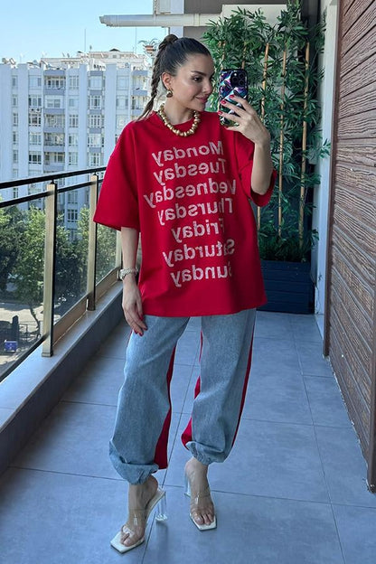 Days Baskılı Kot Karışım Sweat Takım - Kırmızı