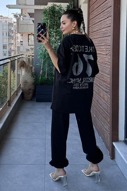 Days Baskılı Kot Karışım Sweat Takım - Siyah