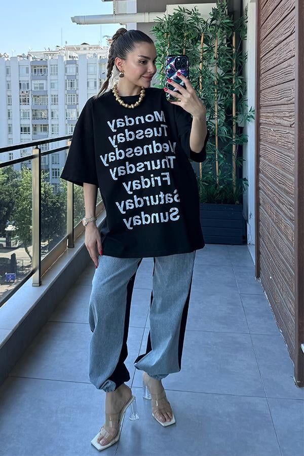 Days Baskılı Kot Karışım Sweat Takım - Siyah