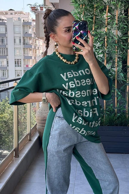 Days Baskılı Kot Karışım Sweat Takım - Yeşil