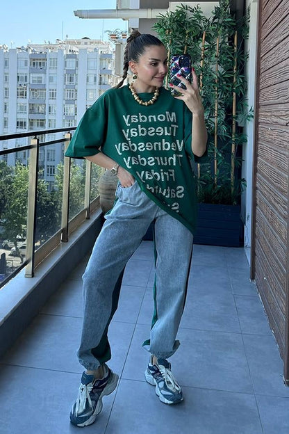 Days Baskılı Kot Karışım Sweat Takım - Yeşil