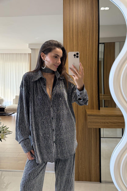 De Liano Gümüş Şal Detaylı Taşlı Takım