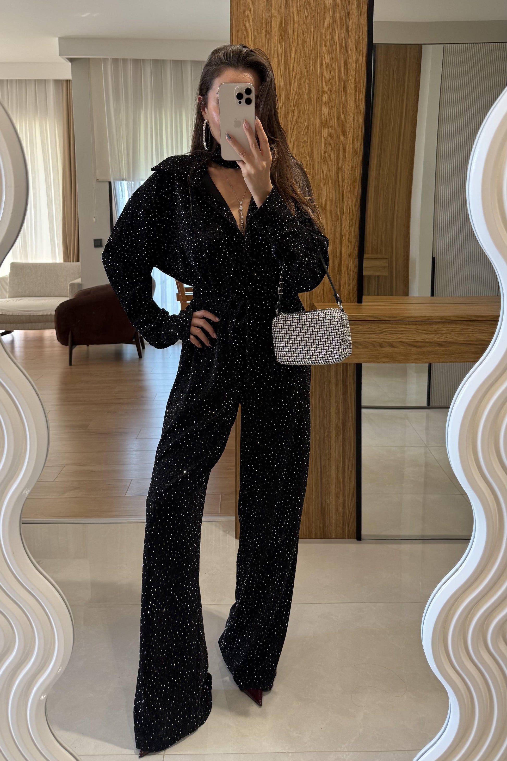 De Liano Siyah Şal Detaylı Taşlı Takım